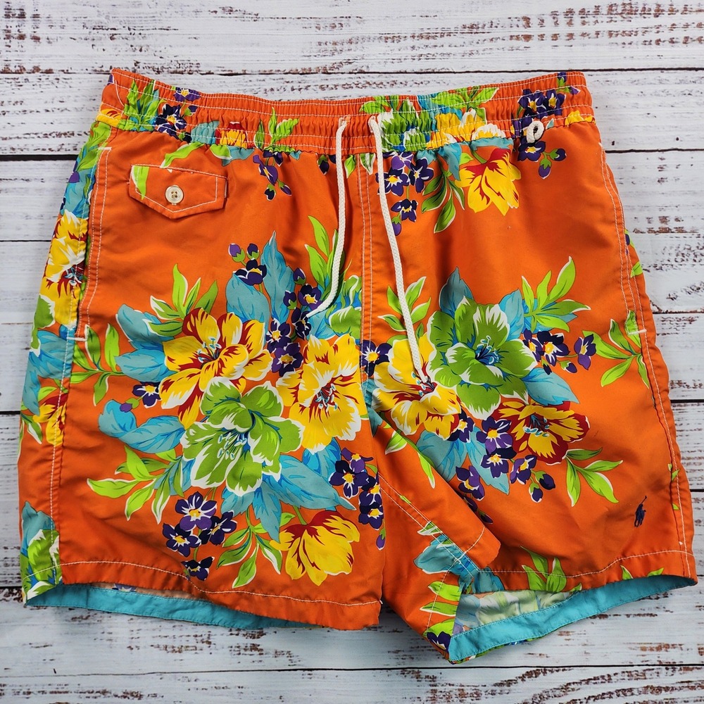 Polo Ralph Lauren Swim Trunks Mens L Orange Tropical Floral Hibiscus Mesh Lined
